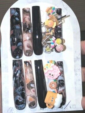 Hand Crafted 3xl Black Pink Marble Press-On Nail Set with Candy Charms Sz M